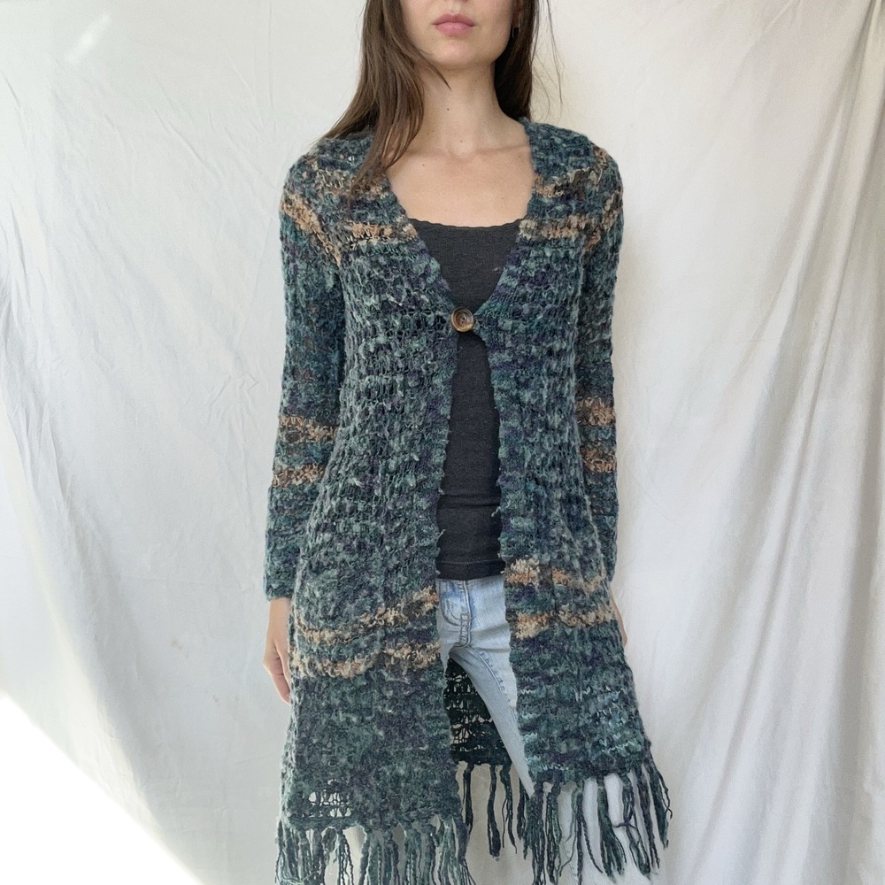 Lucky Brand Open Knit Wool Blend Cardigan Fringe Boho Whimsy Forest Fairy